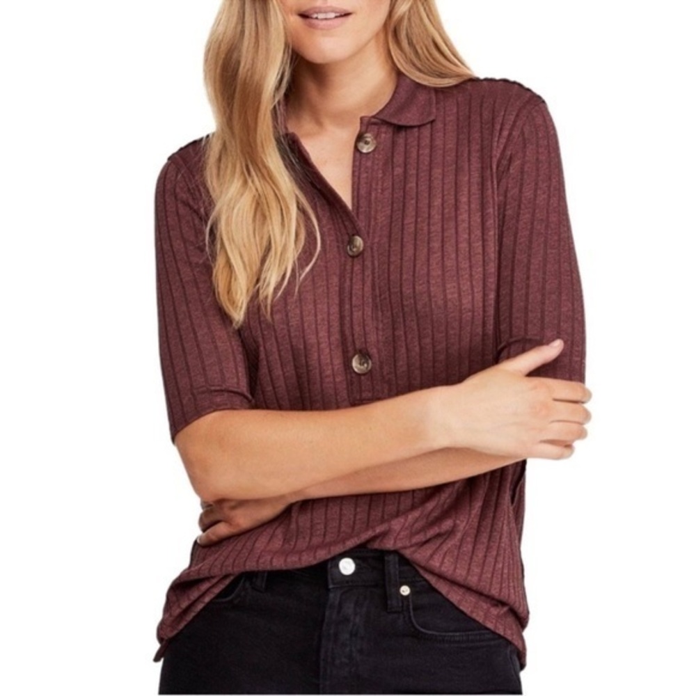 Free people raw edge 3 button ribbed polo